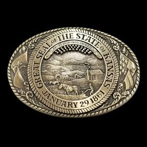 Belt Buckle Vintage Tony Lama Great Seal of the State of Kansas Solid Brass Oval